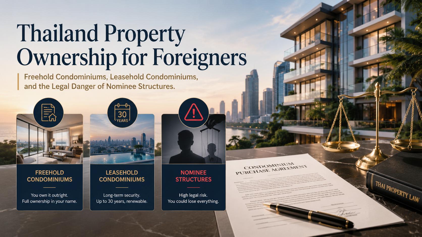 Thailand Property Ownership for Foreigners: Freehold Condominiums, Leasehold Condominiums, and the Legal Danger of Nominee Structures.
